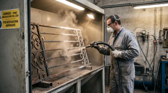 Opérateur en combinaison de protection et masque FFP3 effectuant le sablage d'un portail en fer forgé dans une cabine professionnelle, projection d'abrasif visible créant un nuage de particules