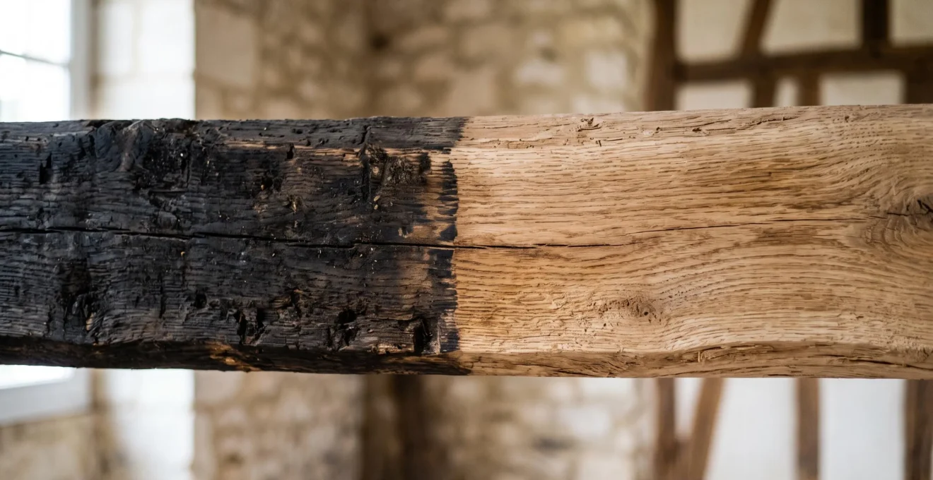 Poutre en chêne ancien partiellement sablée dans une maison angevine, montrant la transition entre bois noirci et bois clair au veinage naturel révélé