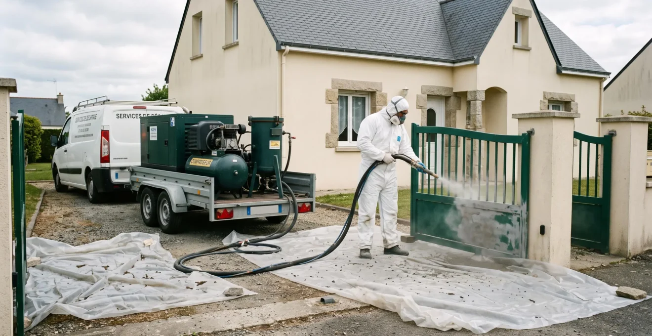 Technicien en protection complète utilisant une sableuse mobile pour décaper un portail métallique devant une maison individuelle, équipement autonome sur remorque et bâches de protection au sol