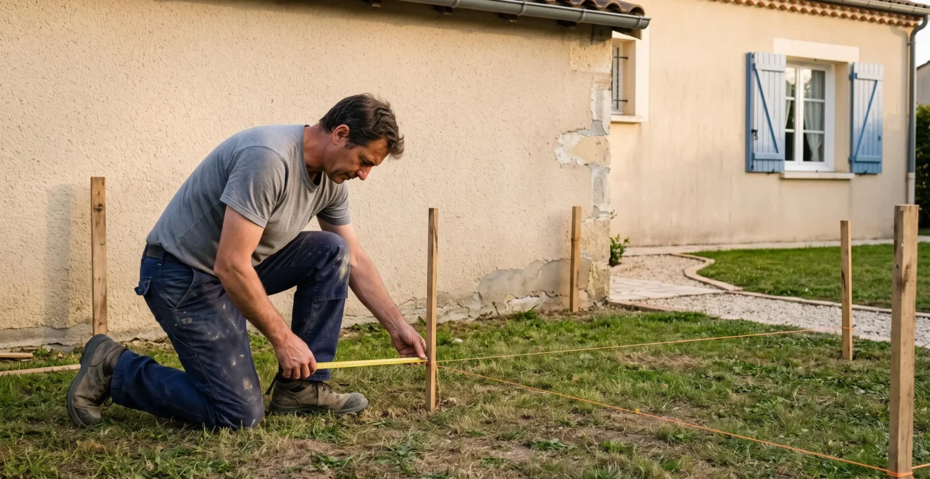 Un artisan mesure l'emprise au sol prévue d'une extension à l'aide d'un mètre ruban, le long de la façade d'une maison.