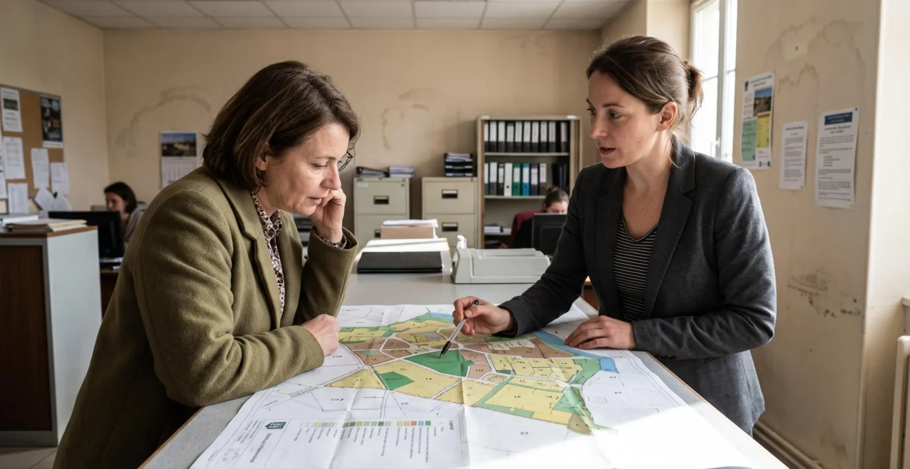 Une propriétaire et un agent municipal examinent ensemble une carte de zonage du PLU au service urbanisme de la mairie.