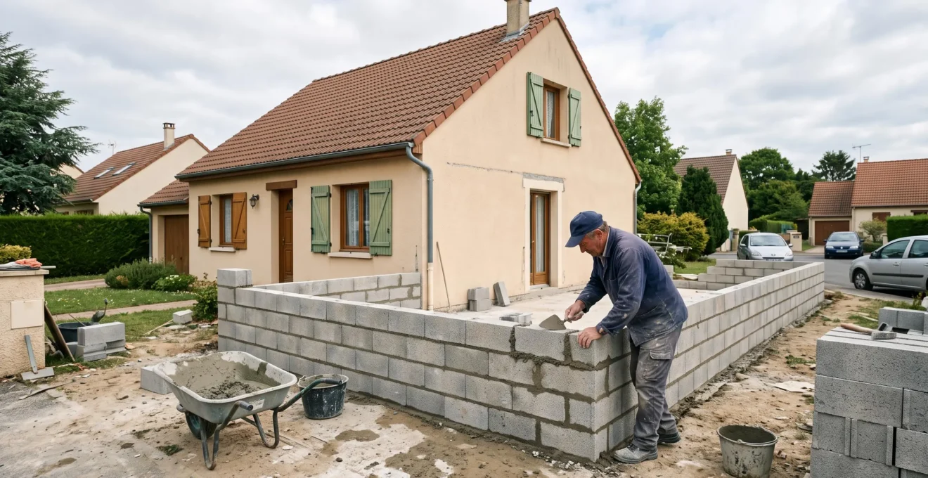 Un maçon construit le mur en parpaings d'une extension attenante à une maison individuelle de banlieue française.