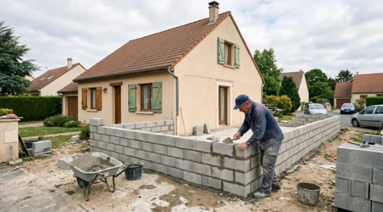Un maçon construit le mur en parpaings d'une extension attenante à une maison individuelle de banlieue française.