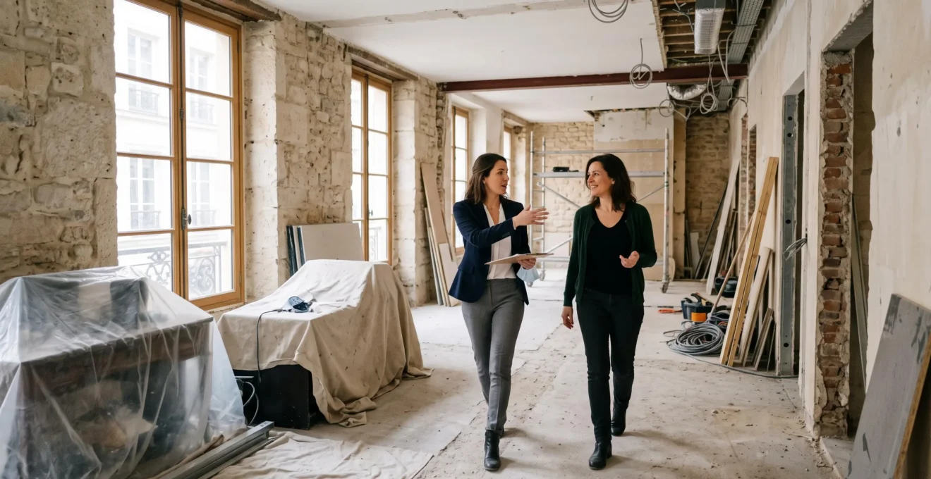 Un courtier accompagne un client dans des bureaux en pleine rénovation.