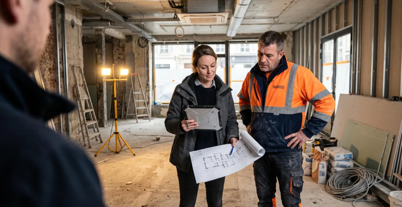 Un conducteur de travaux présente un plan à un ouvrier sur un chantier commercial.